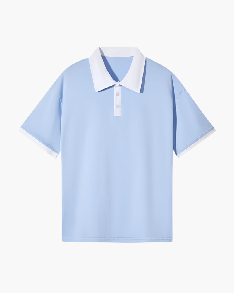 Contrast Collar Polo Shirt with Tipped Sleeves, Short Sleeve - Sky Blue