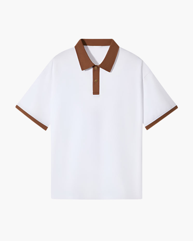 Contrast Collar Polo Shirt with Tipped Sleeves, Short Sleeve - Brown