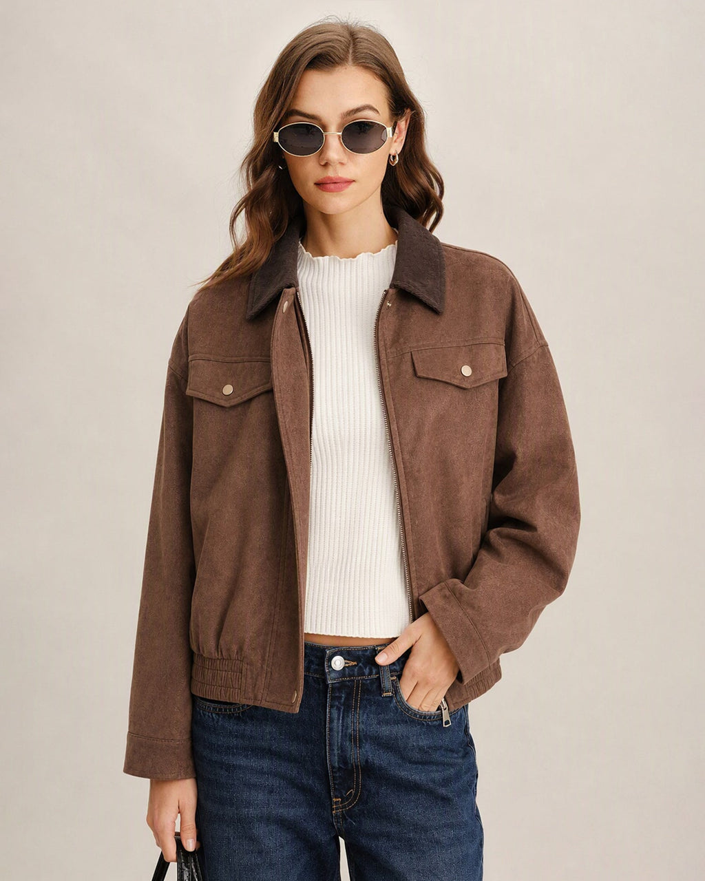 Corduroy Look Shirt Jacket with Point Collar and Flap Pockets - Brown
