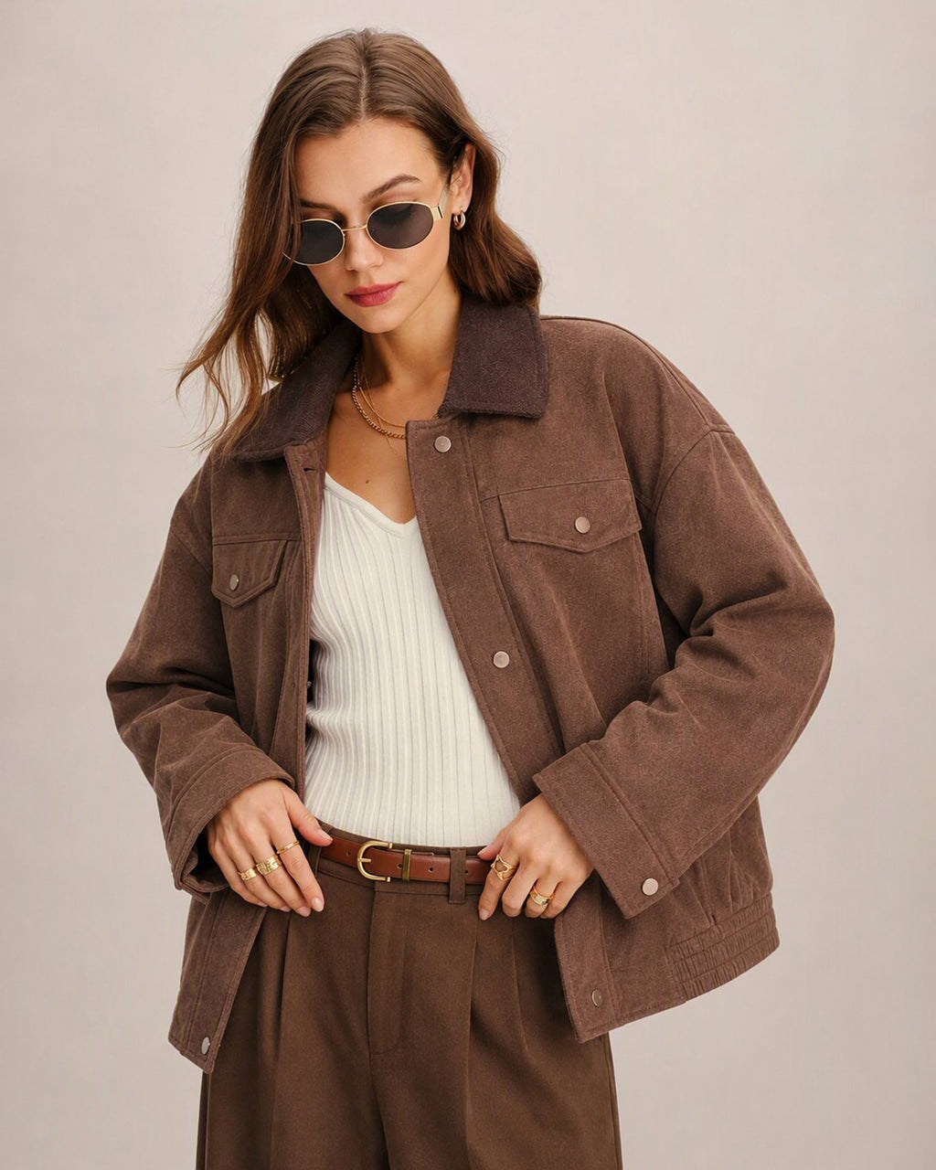 Corduroy Look Shirt Jacket with Point Collar and Flap Pockets - Brown