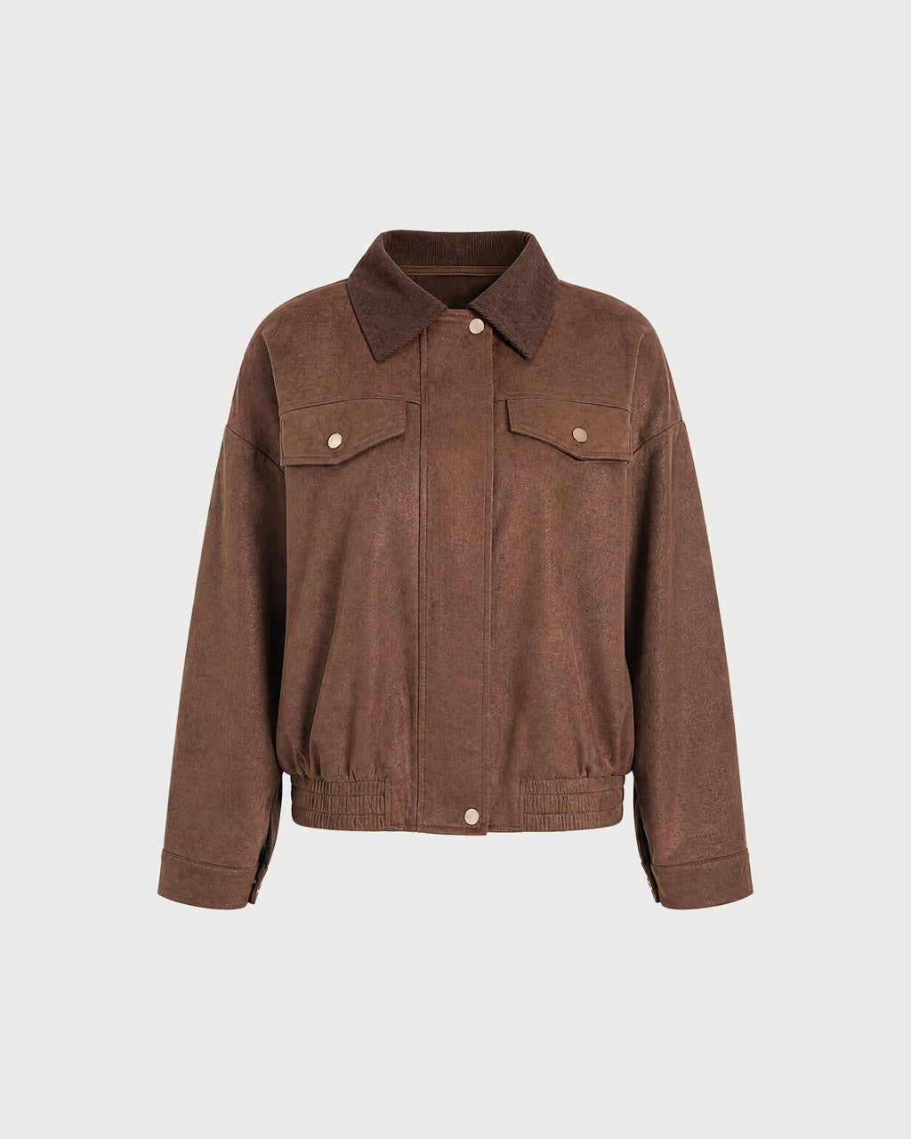 Corduroy Look Shirt Jacket with Point Collar and Flap Pockets - Brown