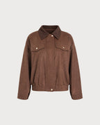Corduroy Look Shirt Jacket with Point Collar and Flap Pockets - Brown
