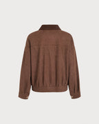 Corduroy Look Shirt Jacket with Point Collar and Flap Pockets - Brown