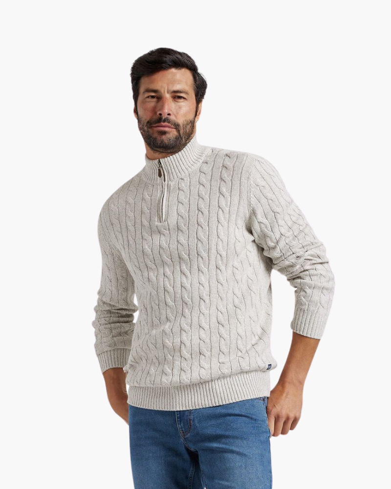 Cotton Cable Knit Half Zip Jumper with High Neck