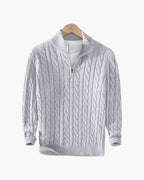 Cotton Cable Knit Half Zip Jumper with High Neck - Grey