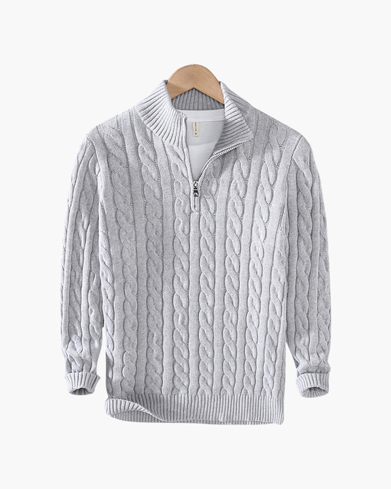 Cotton Cable Knit Half Zip Jumper with High Neck - Grey