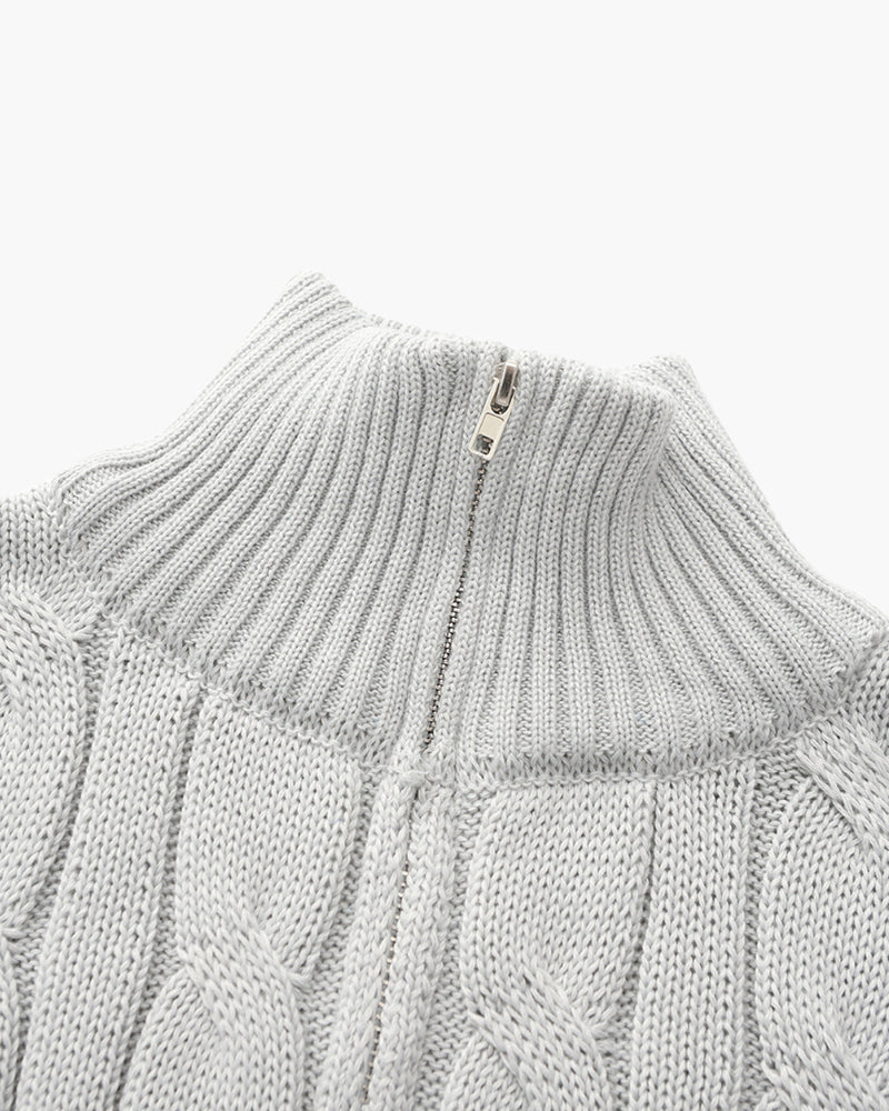 Cotton Cable Knit Half Zip Jumper with High Neck