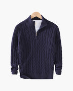 Cotton Cable Knit Half Zip Jumper with High Neck - Marine Blue