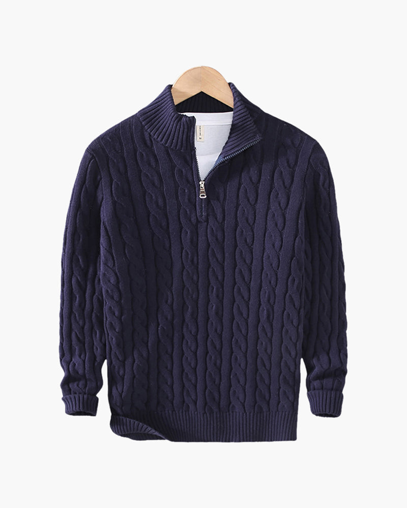 Cotton Cable Knit Half Zip Jumper with High Neck - Marine Blue