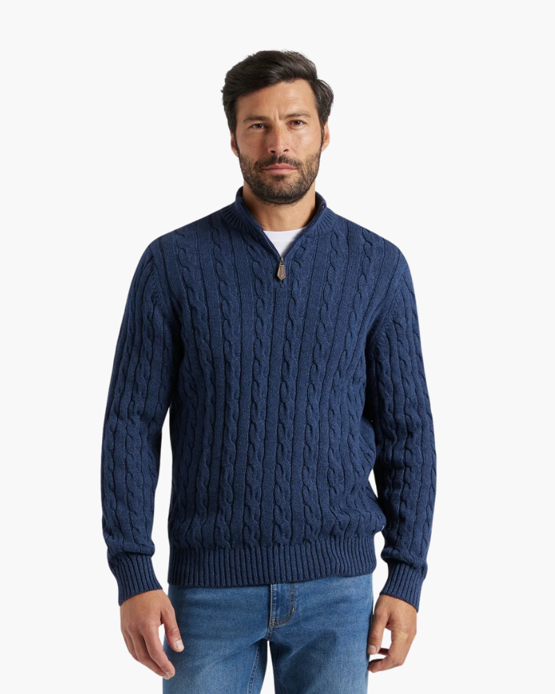 Cotton Cable Knit Half Zip Jumper with High Neck