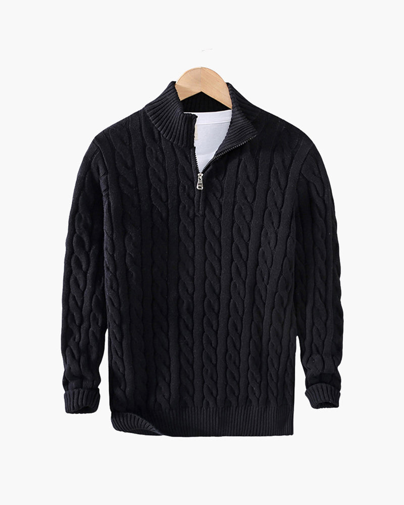 Cotton Cable Knit Half Zip Jumper with High Neck - Black