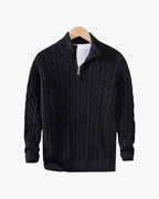 Cotton Cable Knit Half Zip Jumper with High Neck - Black