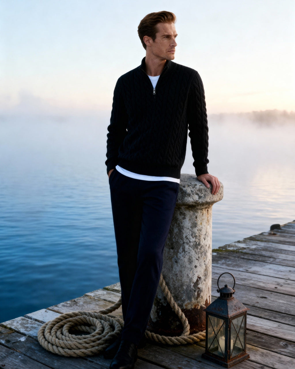 Cotton Cable Knit Half Zip Jumper with High Neck