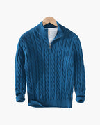 Cotton Cable Knit Half Zip Jumper with High Neck - Light Blue