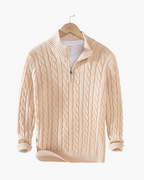 Cotton Cable Knit Half Zip Jumper with High Neck
