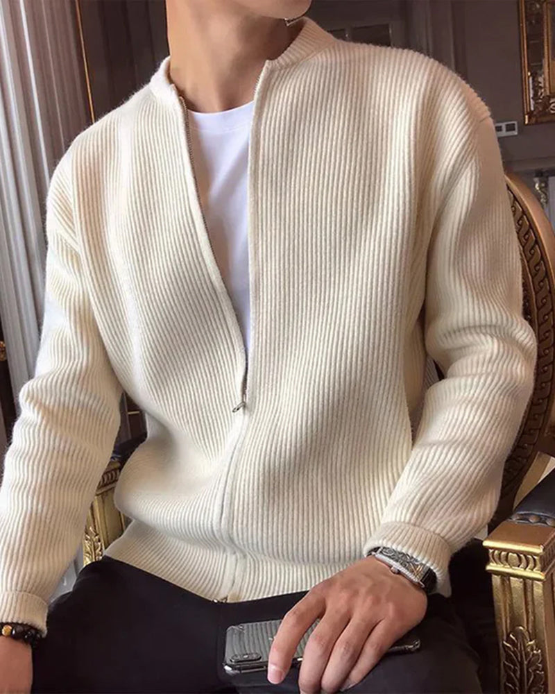 Cotton Knit Full Zip Cardigan with Stand Collar