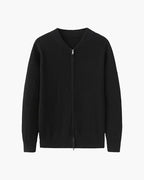 Cotton Knit Full Zip Cardigan with Stand Collar - Black