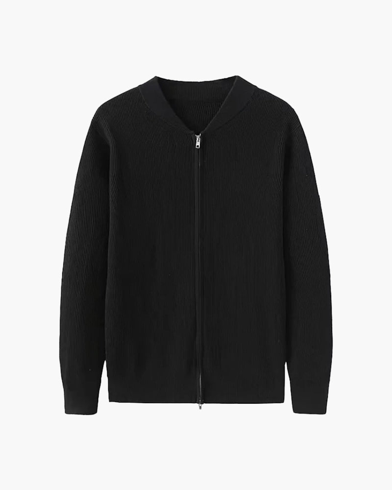 Cotton Knit Full Zip Cardigan with Stand Collar - Black