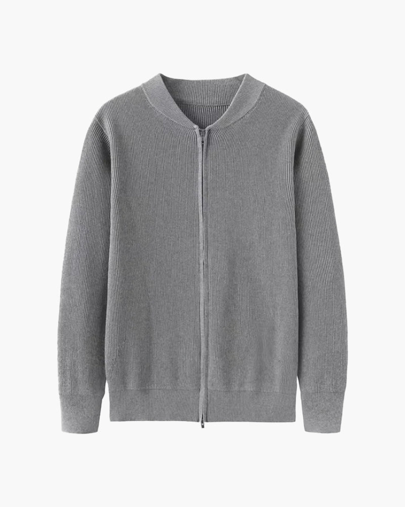 Cotton Knit Full Zip Cardigan with Stand Collar - Grey