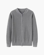 Cotton Knit Full Zip Cardigan with Stand Collar - Grey