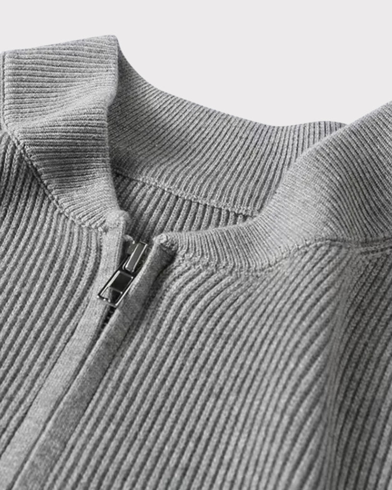 Cotton Knit Full Zip Cardigan with Stand Collar