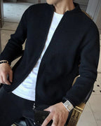 Cotton Knit Full Zip Cardigan with Stand Collar
