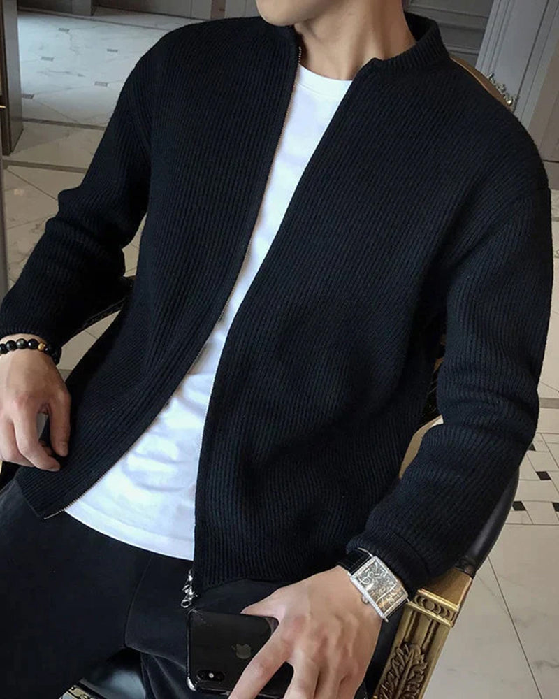 Cotton Knit Full Zip Cardigan with Stand Collar