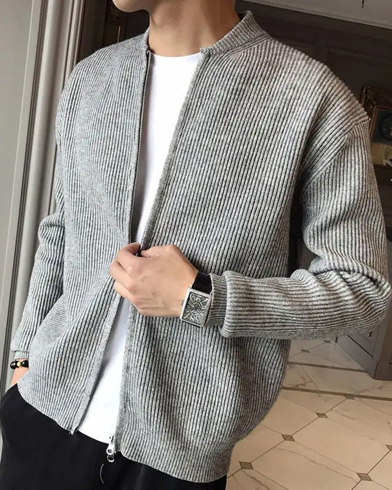 Cotton Knit Full Zip Cardigan with Stand Collar