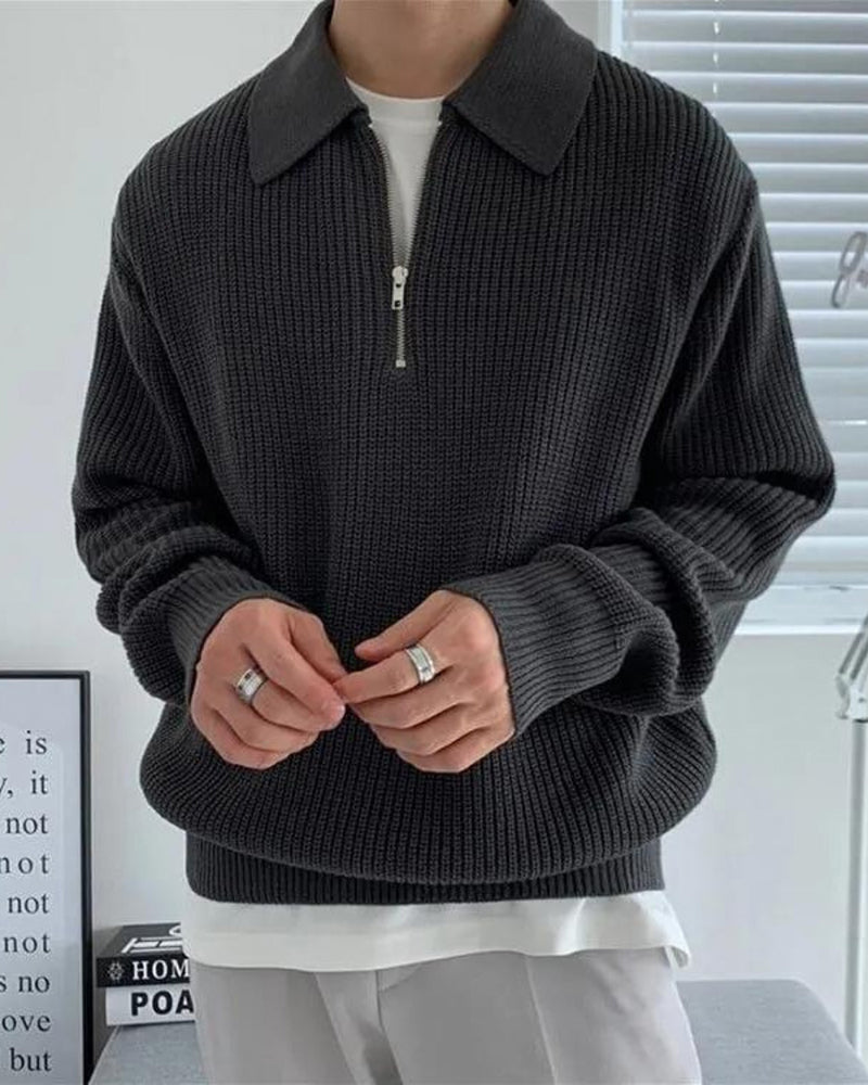Cotton Knit Zip Polo with Long Sleeves and Ribbed Collar