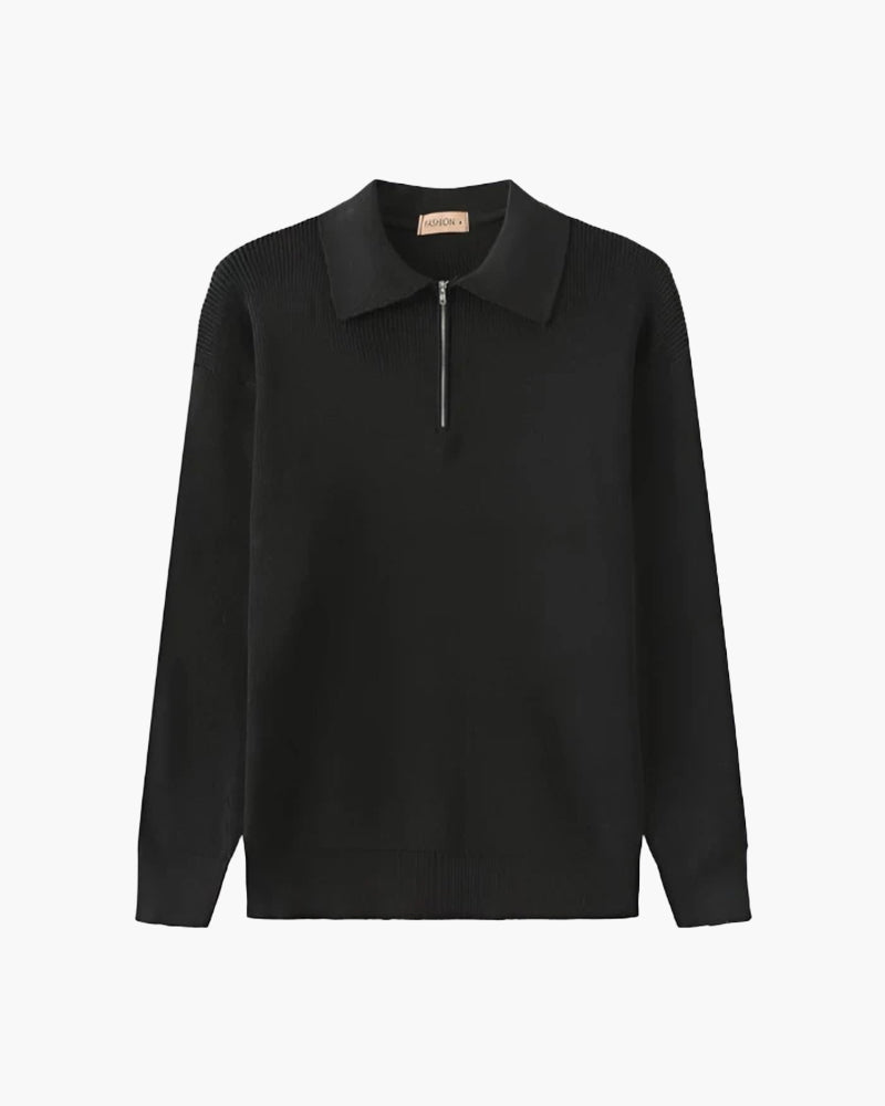 Cotton Knit Zip Polo with Long Sleeves and Ribbed Collar - Dark Grey