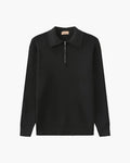 Cotton Knit Zip Polo with Long Sleeves and Ribbed Collar - Dark Grey