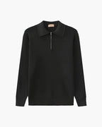 Cotton Knit Zip Polo with Long Sleeves and Ribbed Collar - Dark Grey