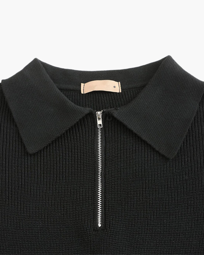 Cotton Knit Zip Polo with Long Sleeves and Ribbed Collar