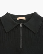 Cotton Knit Zip Polo with Long Sleeves and Ribbed Collar