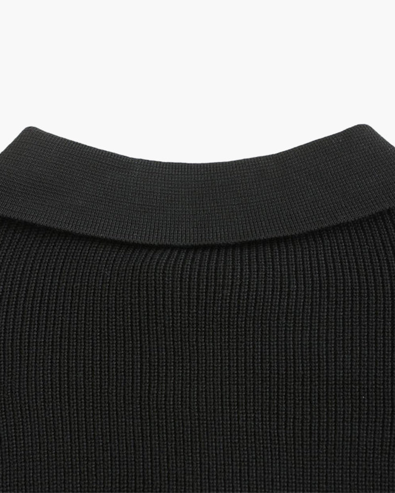 Cotton Knit Zip Polo with Long Sleeves and Ribbed Collar