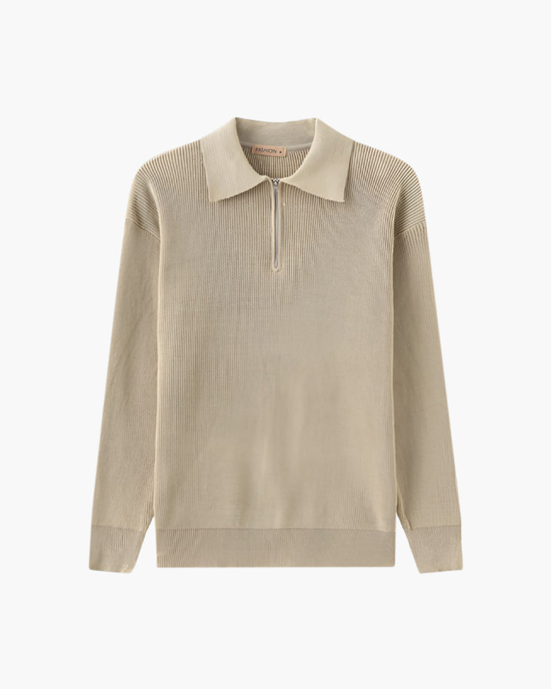 Cotton Knit Zip Polo with Long Sleeves and Ribbed Collar - Nude