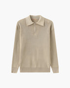 Cotton Knit Zip Polo with Long Sleeves and Ribbed Collar - Nude