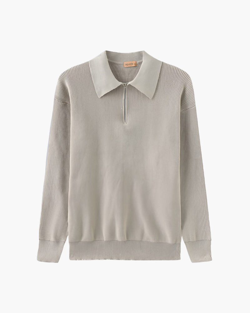 Cotton Knit Zip Polo with Long Sleeves and Ribbed Collar - Light Grey