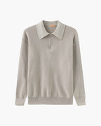 Cotton Knit Zip Polo with Long Sleeves and Ribbed Collar - Light Grey