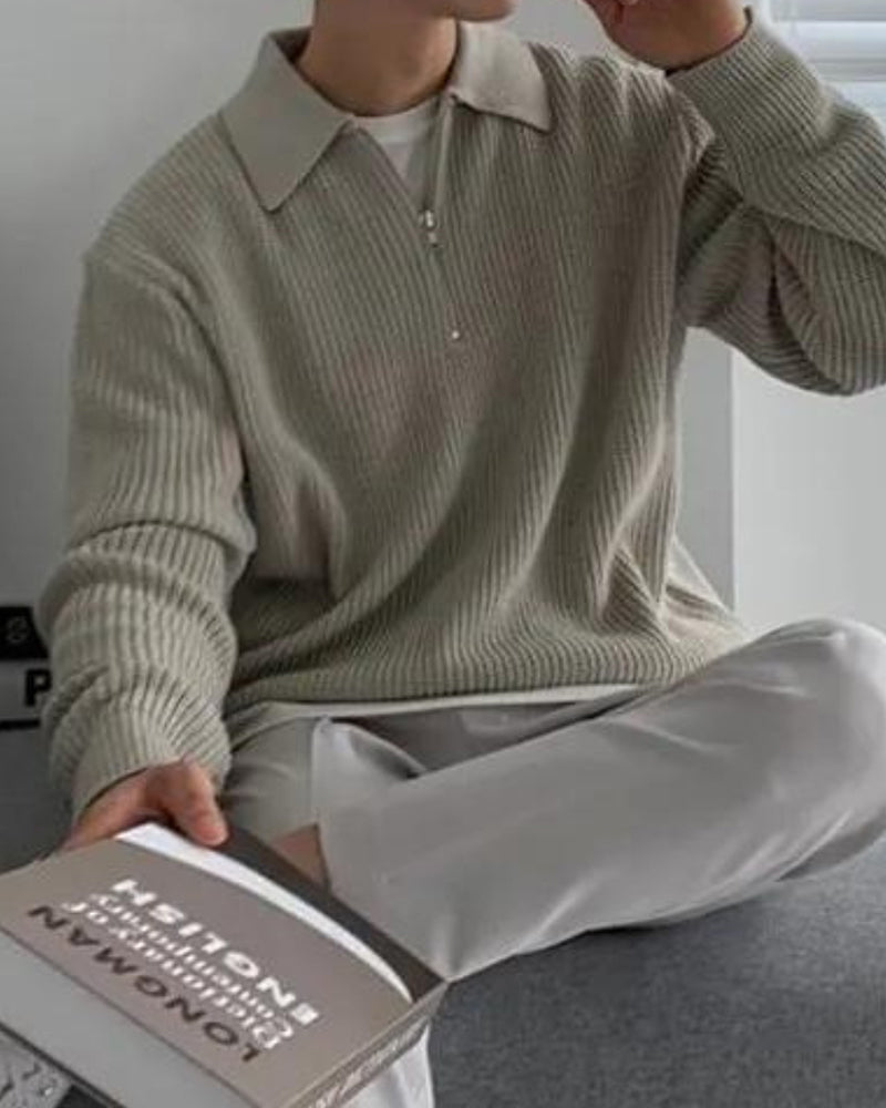 Cotton Knit Zip Polo with Long Sleeves and Ribbed Collar