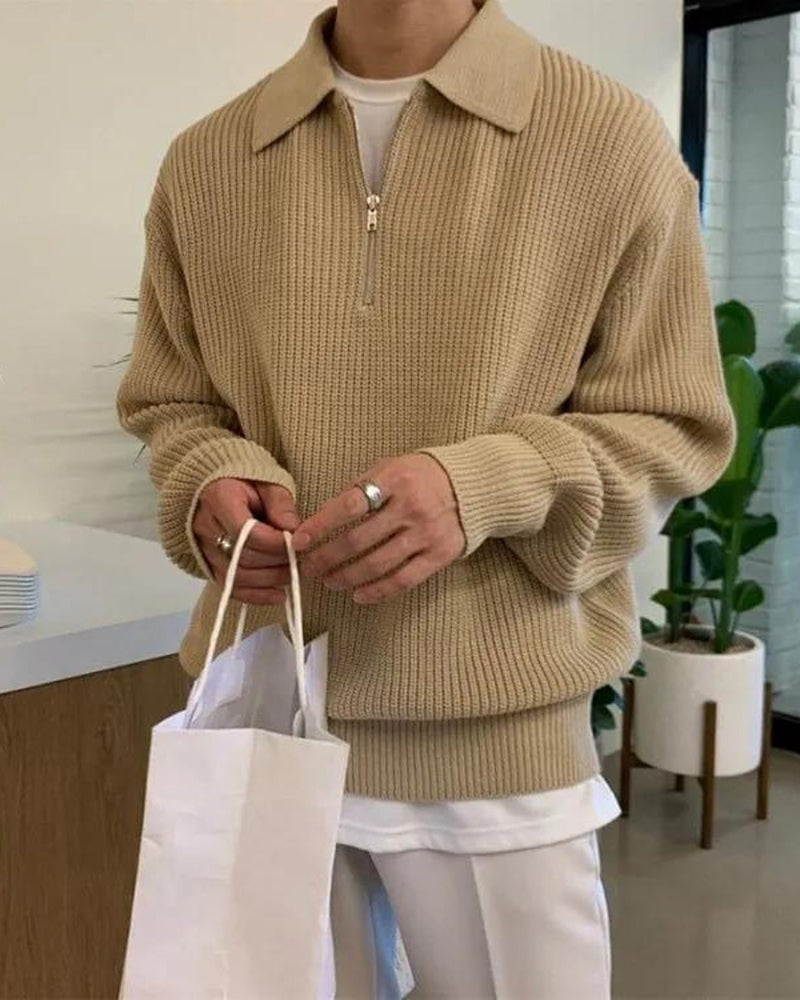 Cotton Knit Zip Polo with Long Sleeves and Ribbed Collar