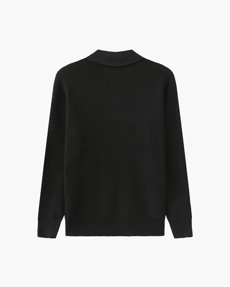 Cotton Knit Zip Polo with Long Sleeves and Ribbed Collar