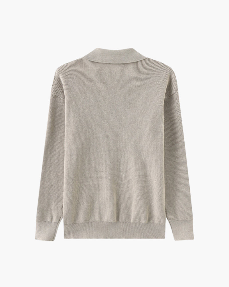 Cotton Knit Zip Polo with Long Sleeves and Ribbed Collar