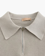 Cotton Knit Zip Polo with Long Sleeves and Ribbed Collar
