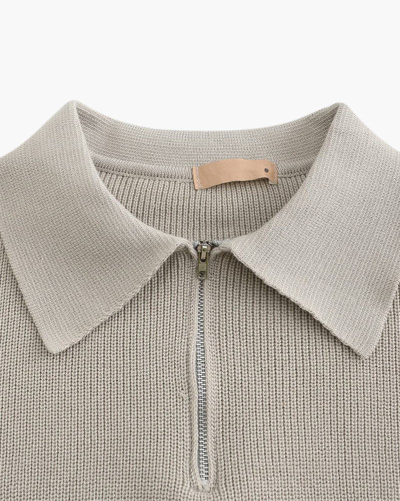 Cotton Knit Zip Polo with Long Sleeves and Ribbed Collar