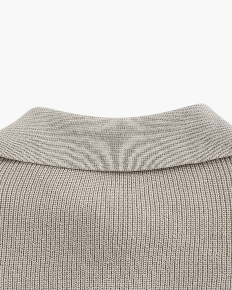 Cotton Knit Zip Polo with Long Sleeves and Ribbed Collar