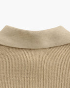 Cotton Knit Zip Polo with Long Sleeves and Ribbed Collar