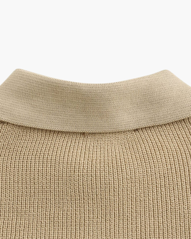 Cotton Knit Zip Polo with Long Sleeves and Ribbed Collar