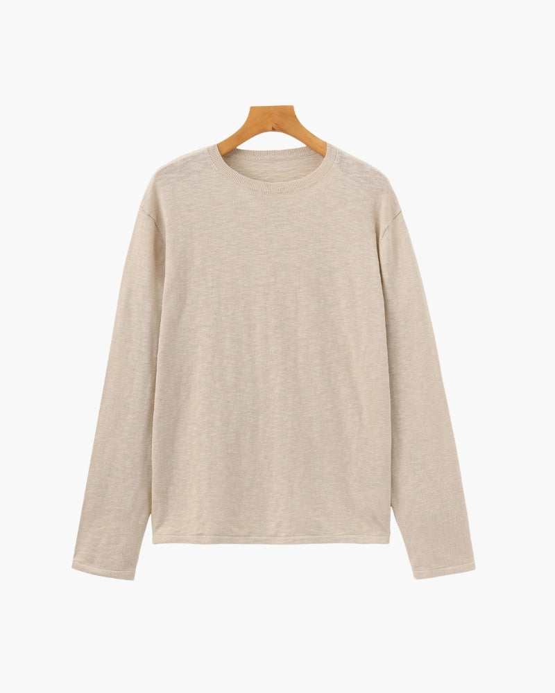 Cotton Linen Crew Neck Jumper, Lightweight Knit - Beige