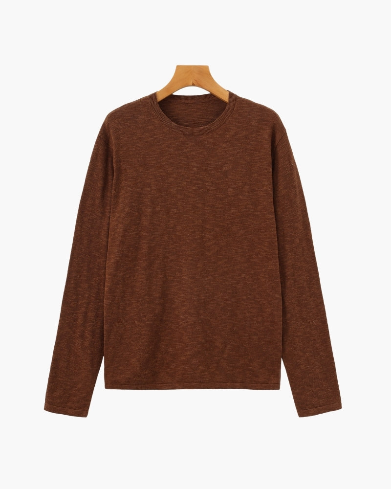 Cotton Linen Crew Neck Jumper, Lightweight Knit - Brown